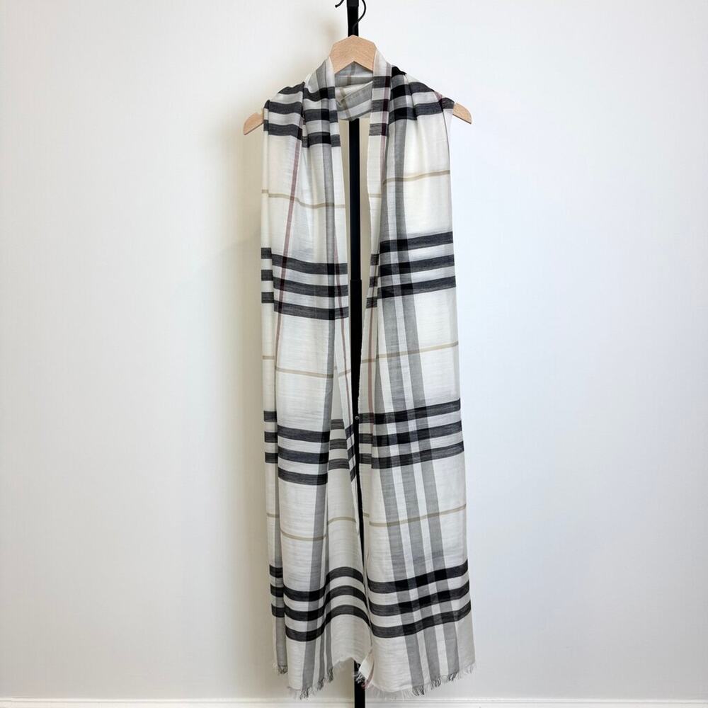 Burberry Lightweight Wool Silk Blend Scarf Large Check Print Frayed Edges